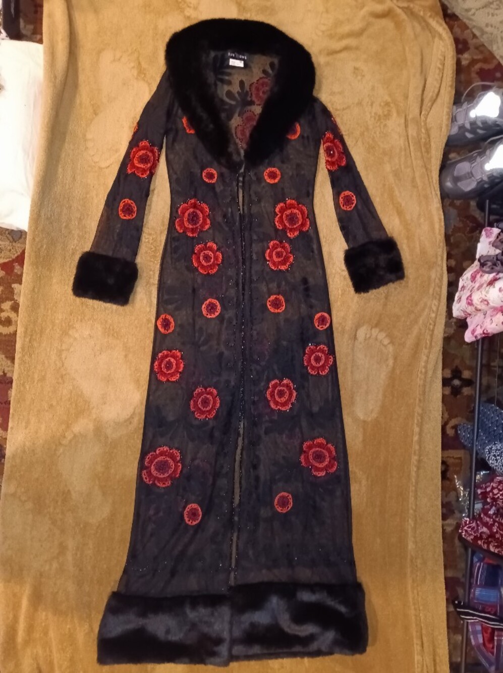 Vintage Sue Wong Elegant  Black Duster w/Red Floral Embroidery & Faux Fur Trim